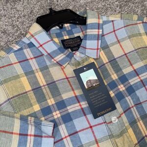Pendleton Linen Blend Plaid Button Down Shirt Mens Large Blue Yellow S/S NEW